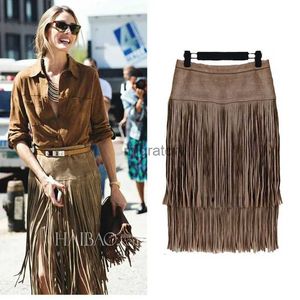 Skirts Skorts Fashion Vintage 2024 New Heavy Hierarchical High Waist Straight Leather Skirt Fringed Suede Tassel Saias Womens YQ240223