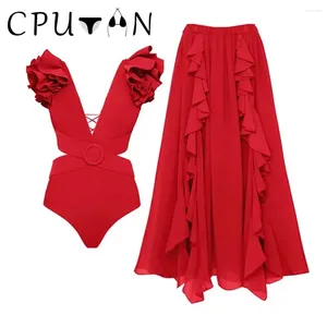 Damenbadebekleidung CPUTAN 2024 Sexy 3D-Blumen-Bikini-Set Rote Rüschen Hohe Taille Badeanzug Kleid Strandrock Brasilianische Biquini Frauen