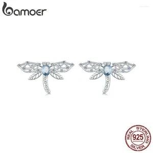 Studörhängen Bamoer 925 Sterling Silver Hollow Dragonfly Blue Zircon Insect for Women Girls Fine Jewelry Gift