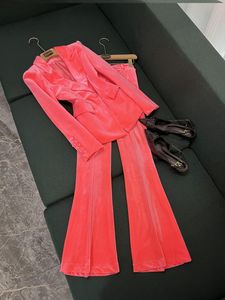 2024 primavera rosa tinta unita pantaloni a due pezzi set manica lunga risvolto con risvolto blazer monopetto top + pantaloni svasati pantaloni set abiti a due pezzi O4J152688