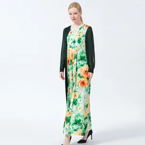 Casual Dresses Silk Jacquard Floral Dress Double-sided Joe Sunshine Green Printed Pleated Round Neck Shirt Sleeve Party AE987