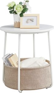 Small Round Side End Table, Modern Nightstand with Fabric Basket, Bedside Table for Living Room Bedroom, Classic White and Sand Beige