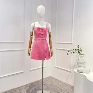 Casual Dresses Pink Mini Dress For Women Sleeveless With Bow Belt Strappy Party Spring Summer High Quality 2024