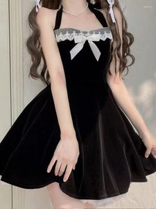 Casual Dresses KIMOKOKM Vintage Halter Lace Bow Ruffled Kawaii Sleeveless Camisole Dress Japanese Bandage Princess Girly Black Velvet