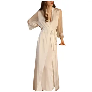 Women's Sleepwear Lace Sexy Night-robe Long Sleeve Ice Silk Length Bathrobe Bridesmaid Nightgown Robe For Women Solid Color