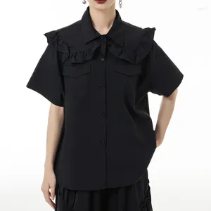 Blusas femininas streetwear gótico gola dupla camada babados emendados preto camisa feminina verão manga curta solta casual topos senhora 10389