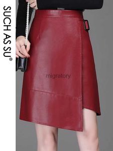 Skirts Skorts Y2K Irregular 2021 PU Leather Skirt Women Black Red Green Khaki Brown High Waist Asymmetrical S-3XL Size Autumn Female YQ240223