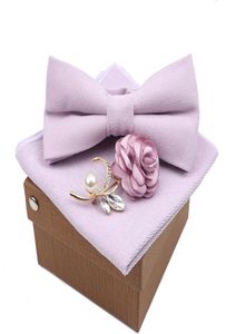 Fast färg Super Soft Suede Men Cotton Bow Tie Handkakor Brosch Set Bowtie Bowknot Pink Blue Butterfly Wedding Novelty Gift7686305