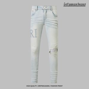 Am jeans trendig modedesigner jeans stretch smala fit jeans rap street hiphop rippade lapp byxor motorcykel byxor borr byxor dropp jeans borr jeans mager jeans