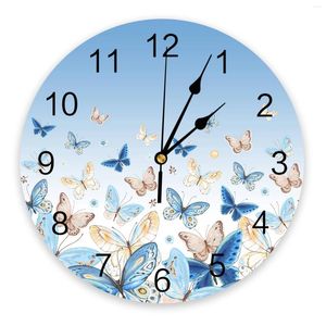 Wall Clocks Pastoral Butterfly Blue Gradient Printed Clock Modern Silent Living Room Home Decor Hanging Watch