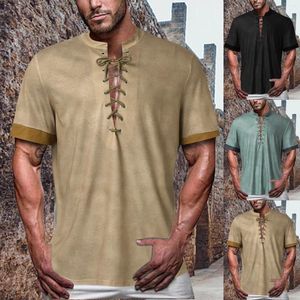 Męskie koszule 2024 Vintage Henley Shirt V Victorian Top Top Krótkie rękawie Zagwanianie mężczyzn HARAJUU STREETWEAR HOMME