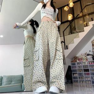 Женские брюки-карго в Корейском стиле в стиле ретро с цветочным принтом, женские свободные широкие брюки, прямые длинные брюки с высокой талией, модные универсальные повседневные брюки женские