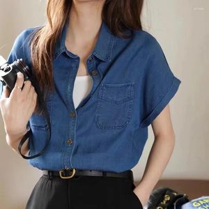 Women's Blouses Vintage Batwing Short Sleeve Blue Denim Shirt Summer Chic Female Loose Solid Single Breasted Thin Cardigan Top