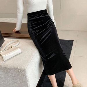 Skirts 2024 Elegant Velvet Black Long Women Autumn Winter High Waist Korean Fashion Clothing Office Ladies Bodycon Midi Skirt