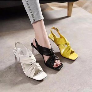 Sandals 2024 Transparent Thick High Heel Square Toe Open Solid Color Ankle-Strap Buckle Ring Foot Women's