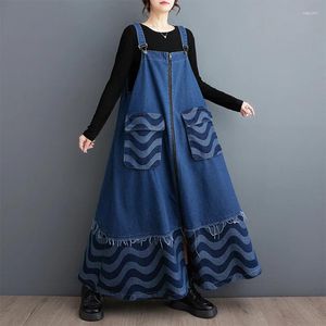 Lässige Kleider im europäischen und amerikanischen Stil, ärmellos, große Taschen, Patchwork, gestreift, schick, Herbst, Outwear, Riemen, Denim-Kleid, Damen, Frühling