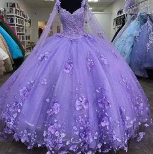 Glitter lila quinceanera klänningar spaghettirem med wrap sweet 15 klänningar 3d blommakärla vestidos 16 prom party bär bc13035