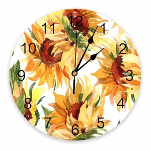 Zegary ścienne rośliny akwarelowe liście słoneczniki drukowane zegar nowoczesny cichy salon wystrój domu wiszący zegarek