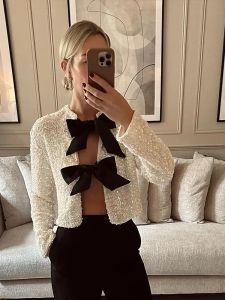 Jackets Women Chic Short Sequin Jacket With Bow Fashion Long Sleeve Christmas Sparkling Coats 2023 Autumn Elegant Lady Shiny Partywear