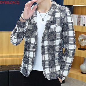 Men's Suits Men Suit Fashion Show White Dress Coat Plaid Beard Fringe Blazer Retro Style Brand Jacket