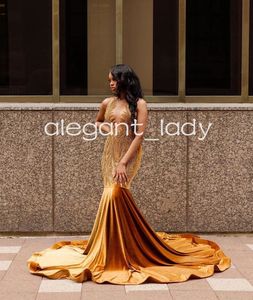 Gold Era Blowly Syrenka Prom Formalne sukienki dla kobiet luksusowe diamentowe kryształowe aksamitne gala gali vestidos de noche
