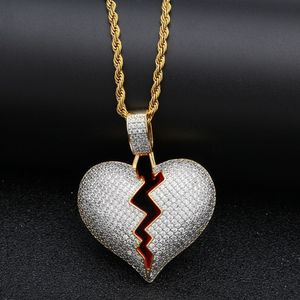 Ожерелья с подвеской Iced Out CZ Broken Love Heart, блестящая циркония, золото, серебро, подвесная цепочка для женщин и мужчин, рэпер, хип-хоп, 217N