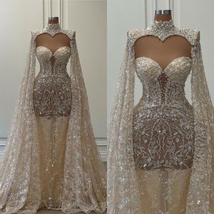 Vintage pérolas lantejoulas vestidos de casamento sem alças sereia vestidos de noiva ver através de miçangas capa manga vestidos de noiva feitos sob encomenda