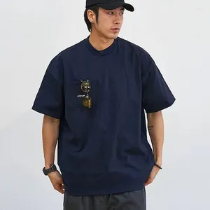 Homens Camisetas Verão Pequeno Logotipo Algodão Linho Japonês Retro Bolso Pesado Solto T-shirt de Manga Curta Homens