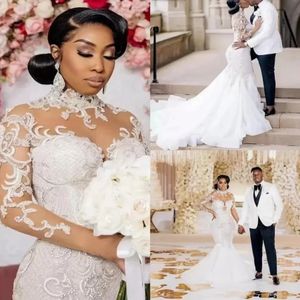 Plus Size Arabic Aso Ebi Lace Beaded Mermaid Wedding Dress High Neck Sheer Neck Long Sleeves Vintage Sexy Bridal Gowns Dresses