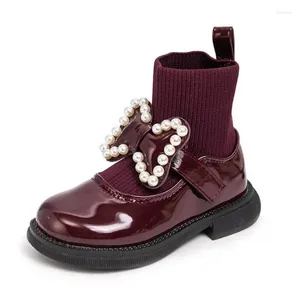 Boots Girl's Sock Chunky Big Bowtie Elegant Söta barn Kort boot patentläder vinter 23-36 Fashion Ship-on barnskor