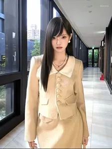 Tvådelt klänning unxx koreansk stil avancerad temperament rik dam set höst plus size chic lapel ulljacka hög midja halva kjol
