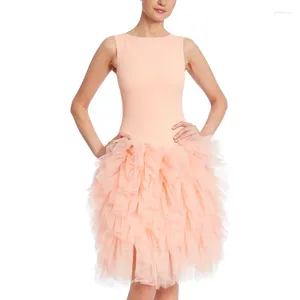 Casual Dresses O Neck Coral Pink Sleeveless Midi Length Ruffled Tulle Ball Gown Matte Satin Bodycon Dress Elegant Woman Clothes For Prom