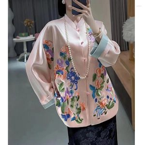 Ethnic Clothing Spring Chinese Style Standing Collar Acetate Fabric Embroidered Chrysanthemum Fashion Contrast Color Cuff Coat Women S-XXL