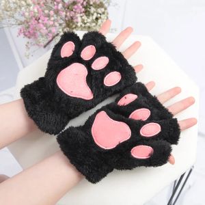 Gloves Adult halterneck cat's paw winter girls plush half-finger writing cycling warm finger gloves Thickened fleece gloves