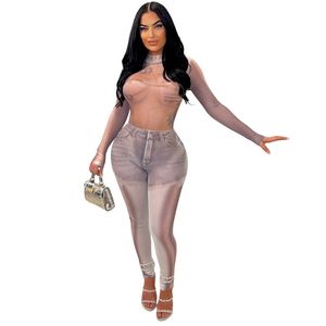 2024 Designer Sexy Mesh Jumpsuits Women Spring Bodycon Rompers Long Sleeve Printing See Through Leggings Night Club Wear Wholesale Clothes 10686