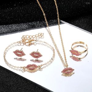 Necklace Earrings Set IPARAM Retro Red Lips Kiss Bow Snake Pendant Chain Bracelet Ring Earring Jewelry Fashion Party Accessories Gifts