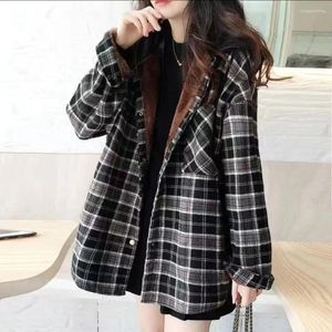 Kvinnors blusar Autumn Hooded Shirt Women Casual Single Breat Blus Vintage Loose Long Sleeve Outerwear Female Retro Lapel Checker D232