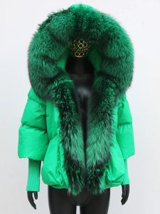 ファー2023ラージリアルシルバーフォックスファートリムニットスリーブファッション濃厚なアウターウェイ冬女性コートホワイトダックダウンジャケットフード付き