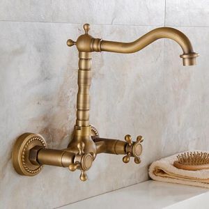 Bathroom Sink Faucets Antique Brass Wall Mount Kitchen Faucet 8 Inch Center Mixer Tap 360 Degree Swivel Spout Double Cross Handle