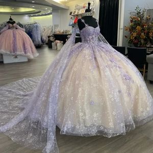 Lilac Champagne Shiny Princess Quinceanera Dresses With Cape Applique Lace-up Corset Prom Sweet 15 Dress vestidos de 15 anos