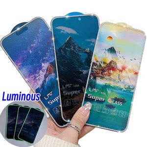 Luminous Matte Anti-Glare Privacy Anti Spy Diamond Electroplating Tempered Glass Glitter Night Glowing Full Cover Screen Protector For iPhone 11 12 13 14 15 Pro Max