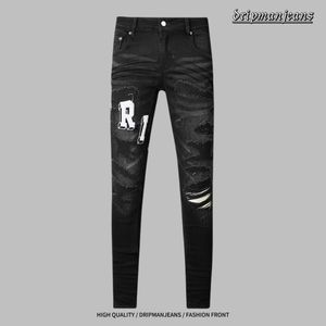 Am jeans designer jeans stretch smala mens jeans street brev logotyp broderade byxor motorcykel byxor internet kändis varm stil högkvalitativ byxor