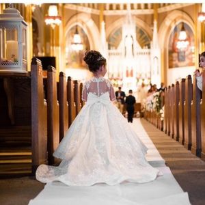 Lyxig blommaflickaklänning långt tåg med bågpärla 3D blommor Appqulies Ball Gown Princess Holy Fisrst Communion Wears