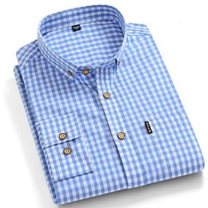 Tunn 100 bomullsplikt skjortor för män långärmad vanlig passform rutig klänningskjorta herr blå mjuk bekväm hane 240219