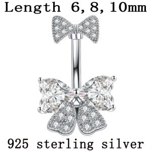 Rings Belly Button Ring Bow Real 925 Sterling Silver Bowknot Heart Zircon Stone Clear Bow Navel Bar Banana Body Piercing Fine Jewelry