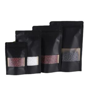 Partihandel Stand Up Black Paper Frosted Window Self Seal Bag Återställbar mellanmål Biscuit Kaffegåvor Värmeförsegling Puchaging Pouches ZZ