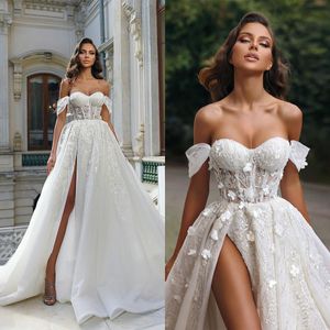 Vestidos de casamento romântico renda 3d-floral apliques vestidos de noiva lado dividido lantejoulas uma linha vestidos de noiva feitos sob encomenda mais tamanho