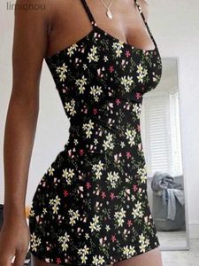 Urban Sexy Dresses Tiny Flowers Print Stretch Spaghetti Straps Bodycon Dress Women Oversized Sleeveless Slim Dress Club Party Vestidos Plus Size 240223