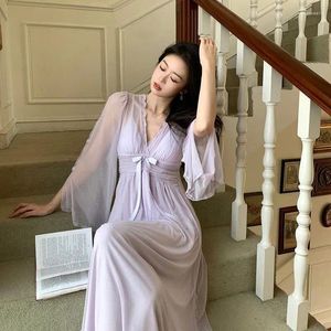 Women's Sleepwear 2024 Summer Spring Sexy Women Nightdress Pajamas Female Chiffon Lace Trim V-neck Home Clothing Girls Vintage Long Sleeve