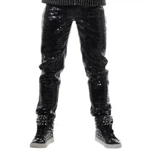 Pants Stage personality men leather pants sequins pant men feet trousers singer dance rock fashion pantalon homme street novelty black